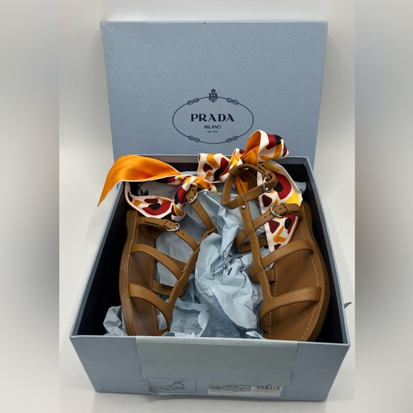 NIB Prada Women's Brown Leather Gladiator Sandals 1X096M With Silk Scarf Size 37 - Picture 14 of 16